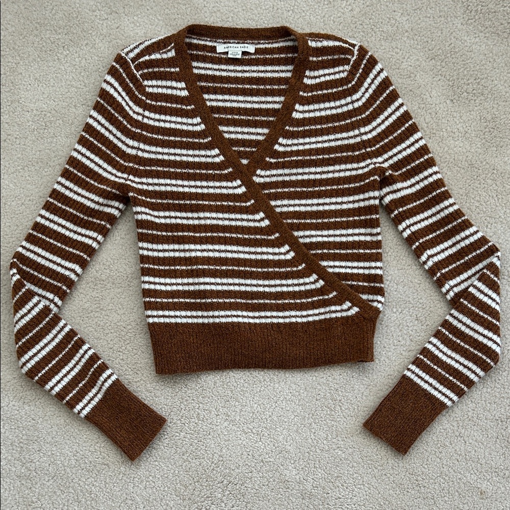 American Eagle Outfitters Brown and White V-Neck Sweater - Size S